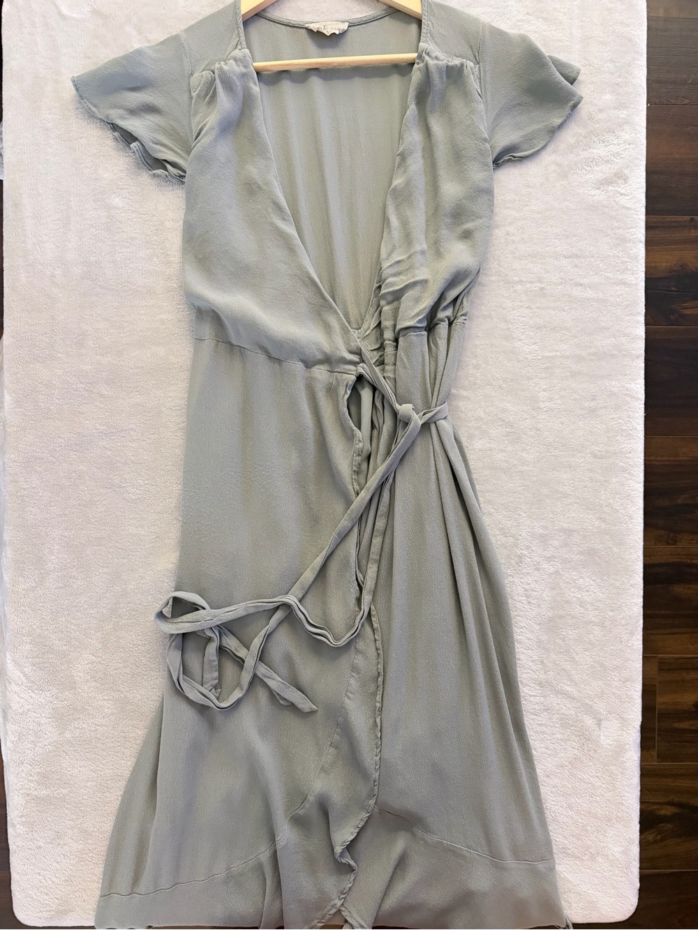 Audrey’s Sage Green Wrap Dress – Flutter Sleeve, Tie Waist, Soft Minimalist Midi